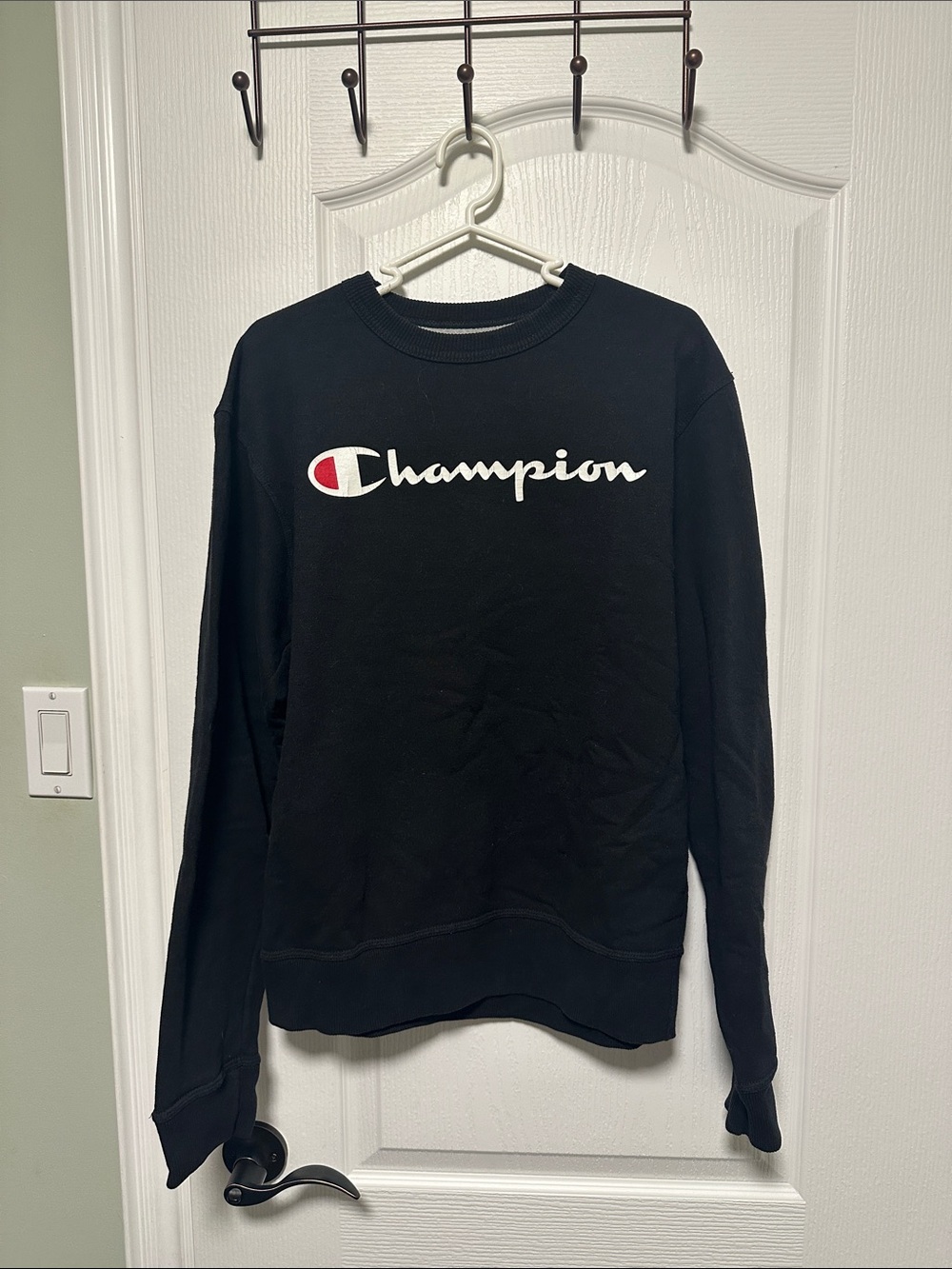 Champion Black Crewneck with White Script and Red Accent